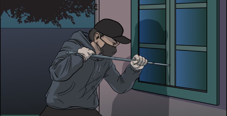 Illustration of burglar forcing entry through a window in Muncie